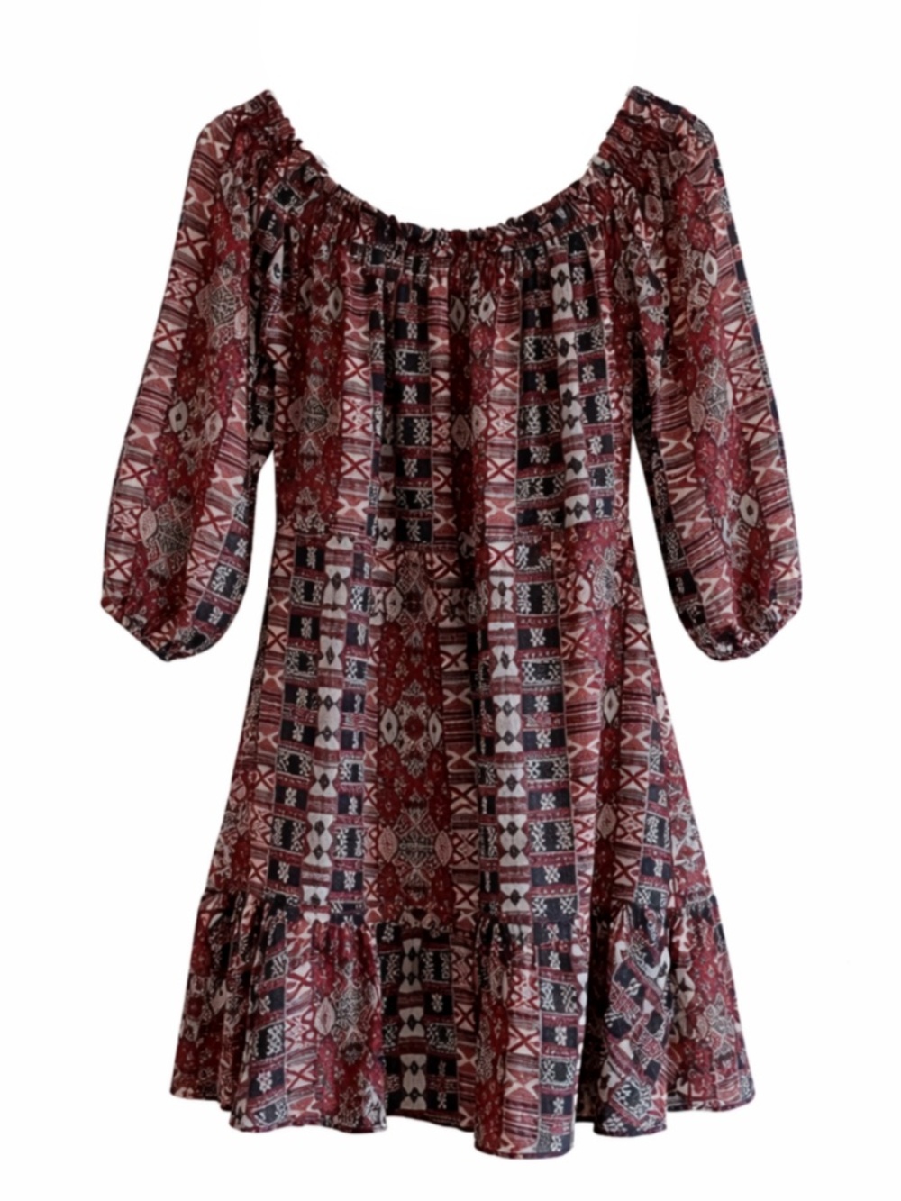 BB Dakota Black & Burgundy Geometric Off Shoulder Dress - Size Small EUC